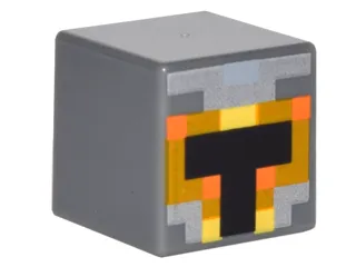 Minifigure, Head, Modified Cube with Pixelated Orange, Silver and Yellow Knight Helmet with Black Opening Pattern (Minecraft Skin)