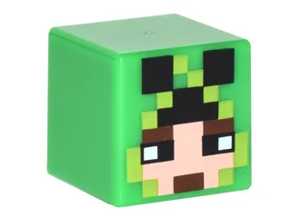 Minifigure, Head, Modified Cube with Pixelated Light Nougat Face, Black Eyes, Dark Brown Eyebrows and Mouth, and Creeper Hood Pattern (Minecraft Skin)