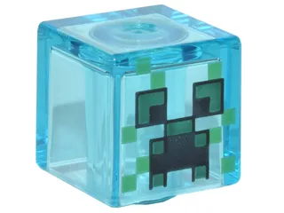 Minifigure, Head, Modified Cube with Pixelated Black and Dark Green Eyes and Open Mouth Frown, Green Spots Pattern (Minecraft Charged Creeper)