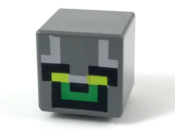 Minifigure, Head, Modified Cube with Pixelated Lime Eyes, Green Mouth, Light Bluish Gray Markings, and Black Eyebrows and Nose Pattern (Minecraft Skull Arena Player)