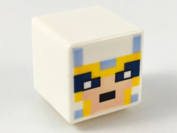 Minifigure, Head, Modified Cube with Pixelated Light Nougat Face, Black Eyes, and Bright Light Blue and Bright Light Orange Helmet Pattern (Minecraft Skull Arena Player)