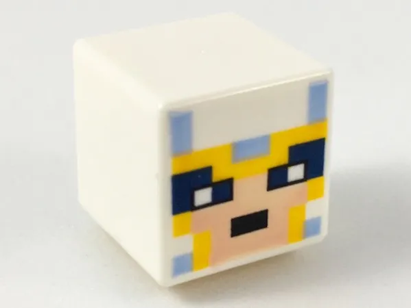 Minifigure, Head, Modified Cube with Pixelated Light Nougat Face, Black Eyes, and Bright Light Blue and Bright Light Orange Helmet Pattern (Minecraft Skull Arena Player)
