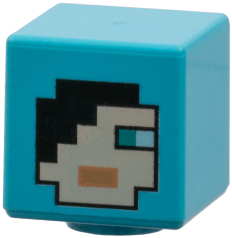 Minifigure, Head, Modified Cube with Pixelated Light Nougat Face, Black Hair, Dark Turquoise Eye, and Nougat Mouth Pattern (Minecraft Dragon Slayer)
