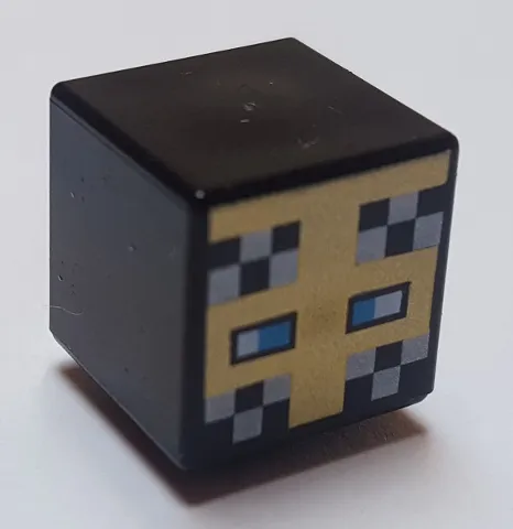 Minifigure, Head, Modified Cube with Pixelated Gold Helmet, Dark Azure Eyes, and Silver Checkered Pattern (Minecraft Knight)