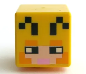 Minifigure, Head, Modified Cube with Pixelated Light Nougat Face, Black Eyes and Antennae, Bright Pink Mouth, and Bright Light Orange Eyebrows and Cheeks Pattern (Minecraft Beekeeper)