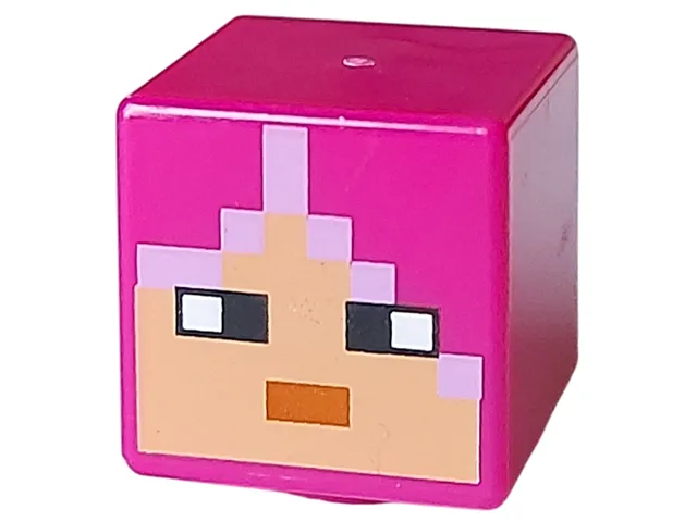 Minifigure, Head, Modified Cube with Pixelated Nougat Face, Black Eyes, Medium Nougat Mouth, and Lavender Hair Pattern (Minecraft Huntress)