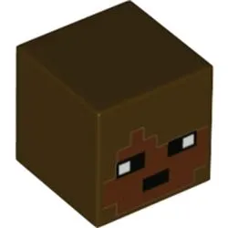 Minifigure, Head, Modified Cube with Pixelated Reddish Brown Face and Black Eyes and Mouth Pattern (Minecraft Archaeologist)