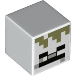 Minifigure, Head, Modified Cube with Pixelated Black Eyes, Light Bluish Gray Nose, Black Mouth, and Olive Green Hair Pattern (Minecraft Skeleton)