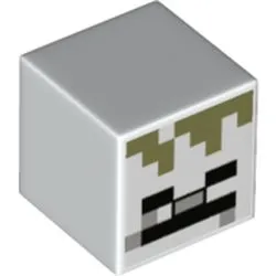 Minifigure, Head, Modified Cube with Pixelated Black Eyes, Light Bluish Gray Nose, Black Mouth, and Olive Green Hair Pattern (Minecraft Skeleton)