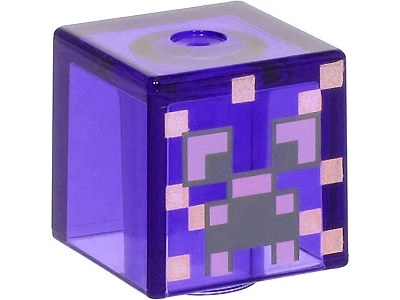 Minifigure, Head, Modified Cube with Pixelated Dark Bluish Gray and Medium Lavender Eyes and Open Mouth Frown, Metallic Pink Spots Pattern (Minecraft Enchanted Creeper)