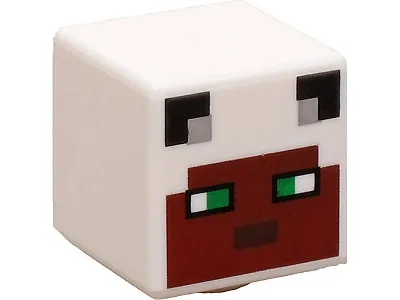 Minifigure, Head, Modified Cube with Pixelated Reddish Brown Face, Green Eyes, and Black Ears Pattern (Minecraft Panda Skin)