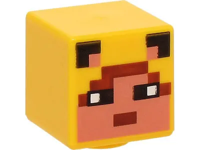 Minifigure, Head, Modified Cube with Pixelated Nougat Face, Black Eyes and Ears, and Reddish Brown Hair and Mouth Pattern (Minecraft Ocelot Skin)