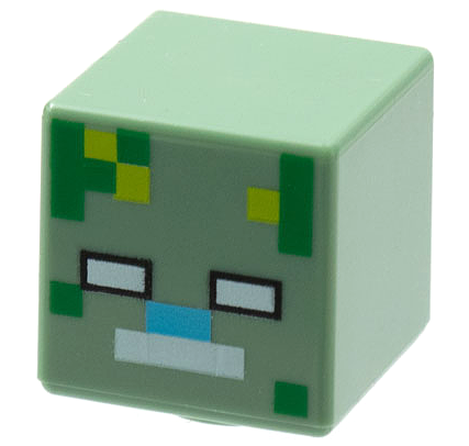 Minifigure, Head, Modified Cube with Pixelated White Eyes and Mouth, Medium Azure Nose, and Green and Lime Spots Pattern (Minecraft Drowned Zombie)