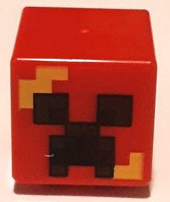 Minifigure, Head, Modified Cube with Pixelated Black and Reddish Brown Eyes and Open Mouth Frown, Bright Light Orange Flames Pattern (Minecraft Exploding Creeper)