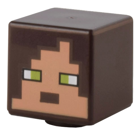 Minifigure, Head, Modified Cube with Pixelated Nougat Face, Lime Eyes, and Dark Brown Mouth and Hair Pattern (Minecraft Llama Herder)