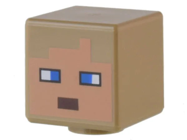 Minifigure, Head, Modified Cube with Pixelated Medium Nougat Face, Blue Eyes, and Dark Brown Mouth Pattern (Minecraft Rancher)