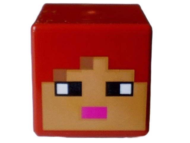Minifigure, Head, Modified Cube with Pixelated Medium Nougat and Nougat Face, Black Eyes and Dark Pink Mouth Pattern (Minecraft Jungle Explorer)