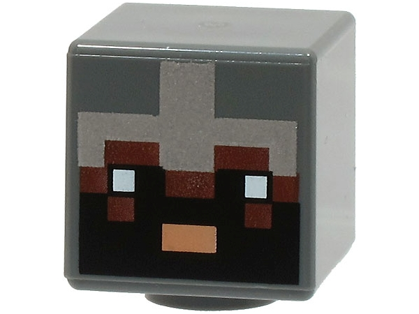 Minifigure, Head, Modified Cube with Pixelated Reddish Brown Face, Black Eyes and Beard, Nougat Mouth and Silver Armor Pattern (Minecraft Netherite Knight)
