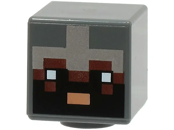 Minifigure, Head, Modified Cube with Pixelated Reddish Brown Face, Black Eyes and Beard, Nougat Mouth and Silver Armor Pattern (Minecraft Netherite Knight)