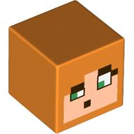 Minifigure, Head, Modified Cube with Pixelated Light Nougat Face, Green Eyes, Dark Brown Eyebrows and Mouth Pattern (Minecraft Alex)