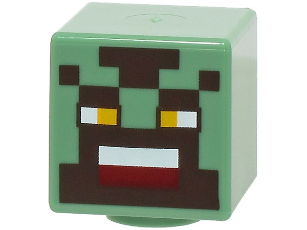 Minifigure, Head, Modified Cube with Pixelated Dark Brown Face, Bright Light Orange Eyes, and White and Dark Red Mouth Pattern (Minecraft Orc Warrior)