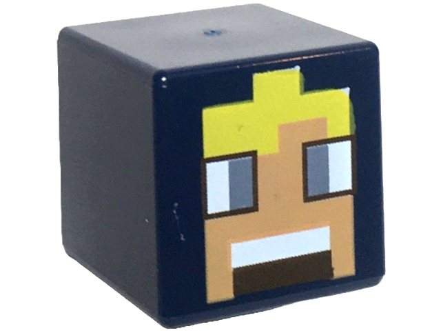 Minifigure, Head, Modified Cube with Pixelated Nougat Face, Sand Blue Eyes, Yellow Hair, Dark Brown Mouth with White Teeth Pattern (Minecraft Miller)