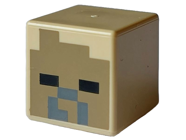 Minifigure, Head, Modified Cube with Pixelated Dark Tan Face, Black Eyes and Dark Bluish Gray Nose and Mouth Pattern (Minecraft Husk)
