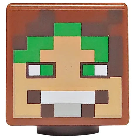 Minifigure, Head, Modified Cube with Pixelated Nougat Face, Bright Green Eyes and Hair, Light Bluish Gray Mouth with White Teeth Pattern (Minecraft Wolf Tamer / Gold Hunter)