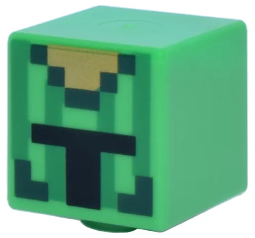 Minifigure, Head, Modified Cube with Pixelated Dark Green and Gold Helmet with Vertical Green Stripes and Black Opening Pattern (Minecraft Cactus Knight)