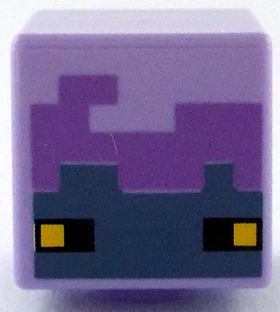 Minifigure, Head, Modified Cube with Pixelated Medium Lavender and Sand Blue Face with Black and Yellow Eyes Pattern (Minecraft Breeze)