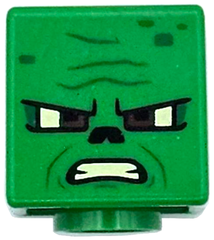 Minifigure, Head, Modified Cube with Bright Light Yellow and Reddish Brown Eyes, Black Nose, Green Spots and Wrinkles, Angry Open Mouth with Teeth Pattern