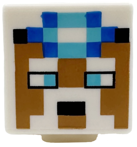 Minifigure, Head, Modified Cube with Pixelated Medium Nougat Face with Eyes, Mouth, Moustache and Beard, Medium Azure and Blue Headlamp, Black Band Pattern