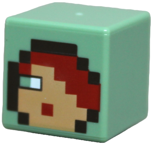 Minifigure, Head, Modified Cube with Pixelated Nougat Face, Red Hair and Mouth, White Right Eye, Dark Brown Hood Trim Pattern