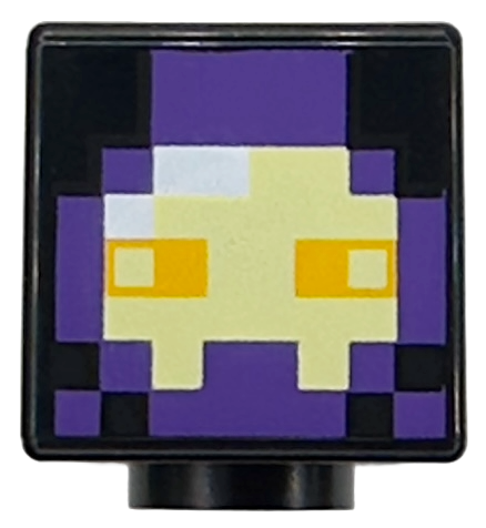 Minifigure, Head, Modified Cube with Pixelated Dark Purple and Bright Light Yellow Mask, White Reflection and Bright Light Orange Eyes Pattern (Minecraft Realm Raider)