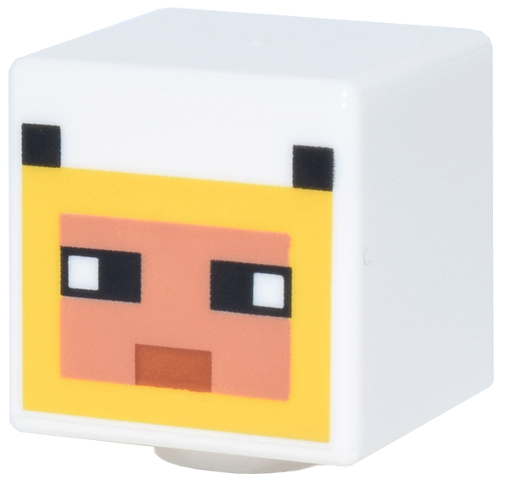 Minifigure, Head, Modified Cube with Pixelated Hood with Yellow Trim, Nougat Face, Black Eyes and Dark Orange Mouth Pattern (Minecraft Chicken Fan)