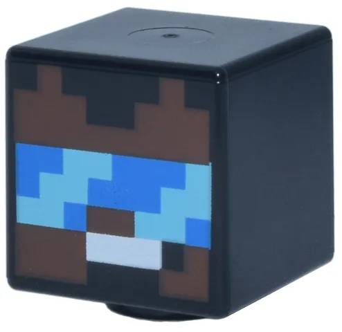 Minifigure, Head, Modified Cube with Pixelated Umber Face, Blue and Medium Azure Glasses with Diagonal Reflections, White Mouth Pattern (Minecraft Cool Hero)