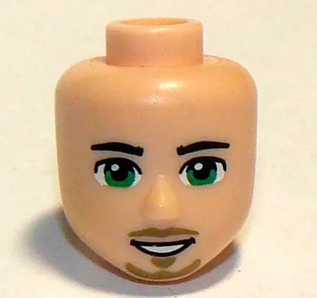 Mini Doll, Head Friends Male Large with Black Eyebrows, Green Eyes, Dark Tan Moustache and Goatee, Open Mouth Smile with Teeth Pattern