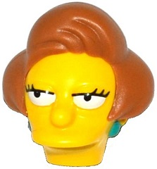 Minifigure, Head, Modified Simpsons Edna Krabappel with Dark Turquoise Earrings and Medium Nougat Hair Pattern