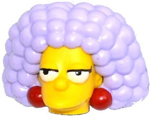 Minifigure, Head, Modified Simpsons Selma with Dark Red Earrings and Lavender Hair Pattern