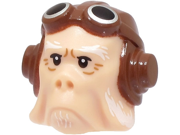 Minifigure, Head, Modified SW Ugnaught, Kuiil with White Eyebrows and Beard and Reddish Brown Aviator Cap with Goggles Pattern