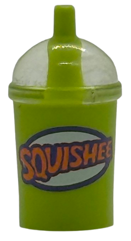 Minifigure, Utensil Cup, Dome Lid Cup and Straw with Molded Trans-Clear Lid and Printed Dark Purple and Orange 'SQUISHEE' Pattern