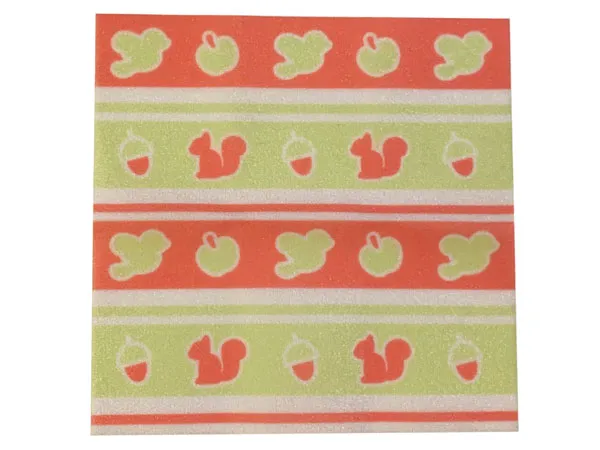 Duplo, Cloth Blanket 10 x 10 cm with Lime and Coral Stripes, Birds, Apples, Acorns, and Squirrels Pattern