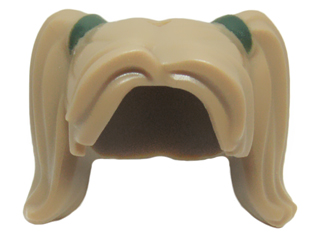 Minifigure, Hair Female Pigtails High, Long Bangs, Hole on Top with Dark Green Hair Ties Pattern