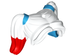 Minifigure, Hair Female Pigtails High, Long Bangs, Hole on Top with Dark Azure Hair Ties and Dark Azure and Red Tips Pattern