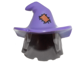 Minifigure, Hair Combo, Hair with Hat, Mid-Length Scraggly with Molded Dark Purple Floppy Witch Hat and Printed Orange Patch Pattern