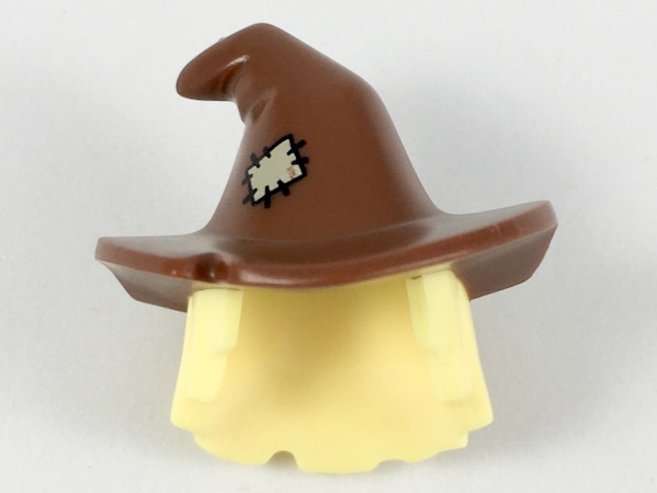 Minifigure, Hair Combo, Hair with Hat, Mid-Length Scraggly with Molded Reddish Brown Floppy Witch Hat and Printed Tan Patch Pattern