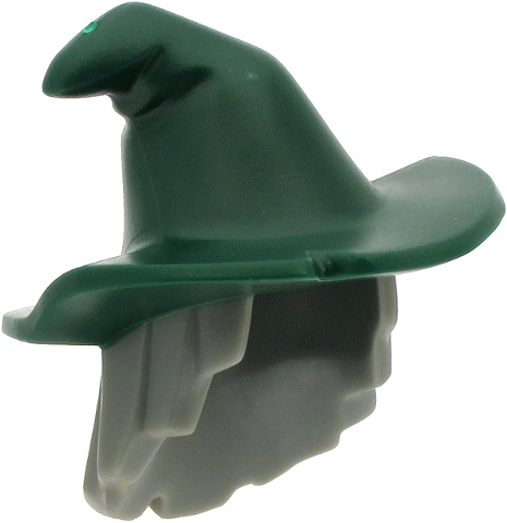 Minifigure, Hair Combo, Hair with Hat, Mid-Length Scraggly with Molded Dark Green Floppy Witch Hat Pattern (BAM)