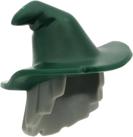 Minifigure, Hair Combo, Hair with Hat, Mid-Length Scraggly with Molded Dark Green Floppy Witch Hat Pattern (BAM)