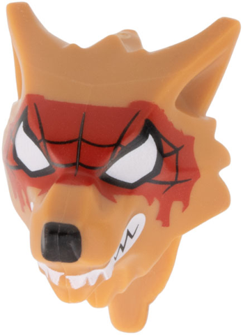 Minifigure, Head, Modified Wolf, Smooth Hair and Brow with Black Nose, Large White Eyes, Teeth and Fangs, Red Spider Web Mask Pattern