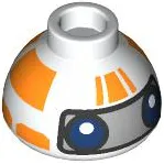 Brick, Round 1 1/2 x 1 1/2 x 2/3 Dome Top with SW RJ-83 Droid Head, Orange Stripes and Dark Blue Eyes on Silver Background Pattern